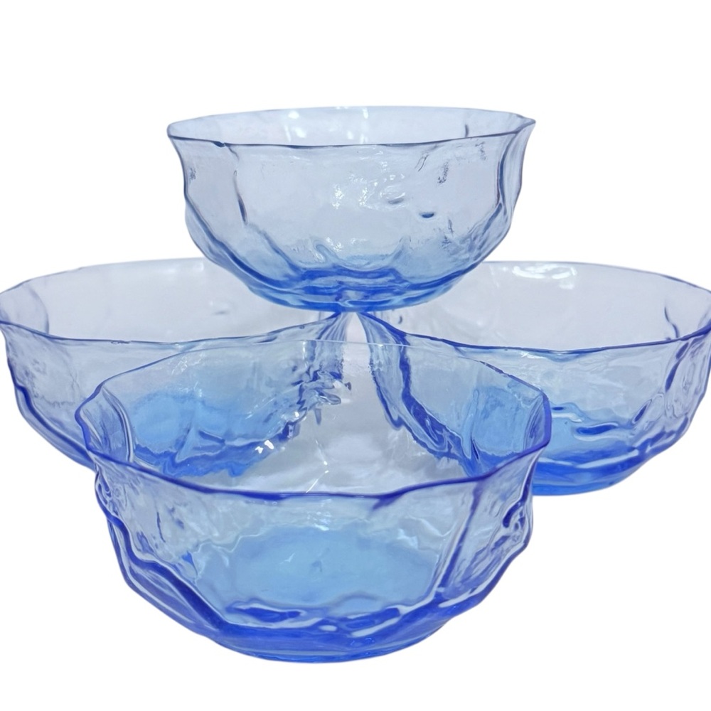 4 Vintage MCM Morgantown Ice Blue Crinkle Glass Dessert/Fruit/Finger Bowls